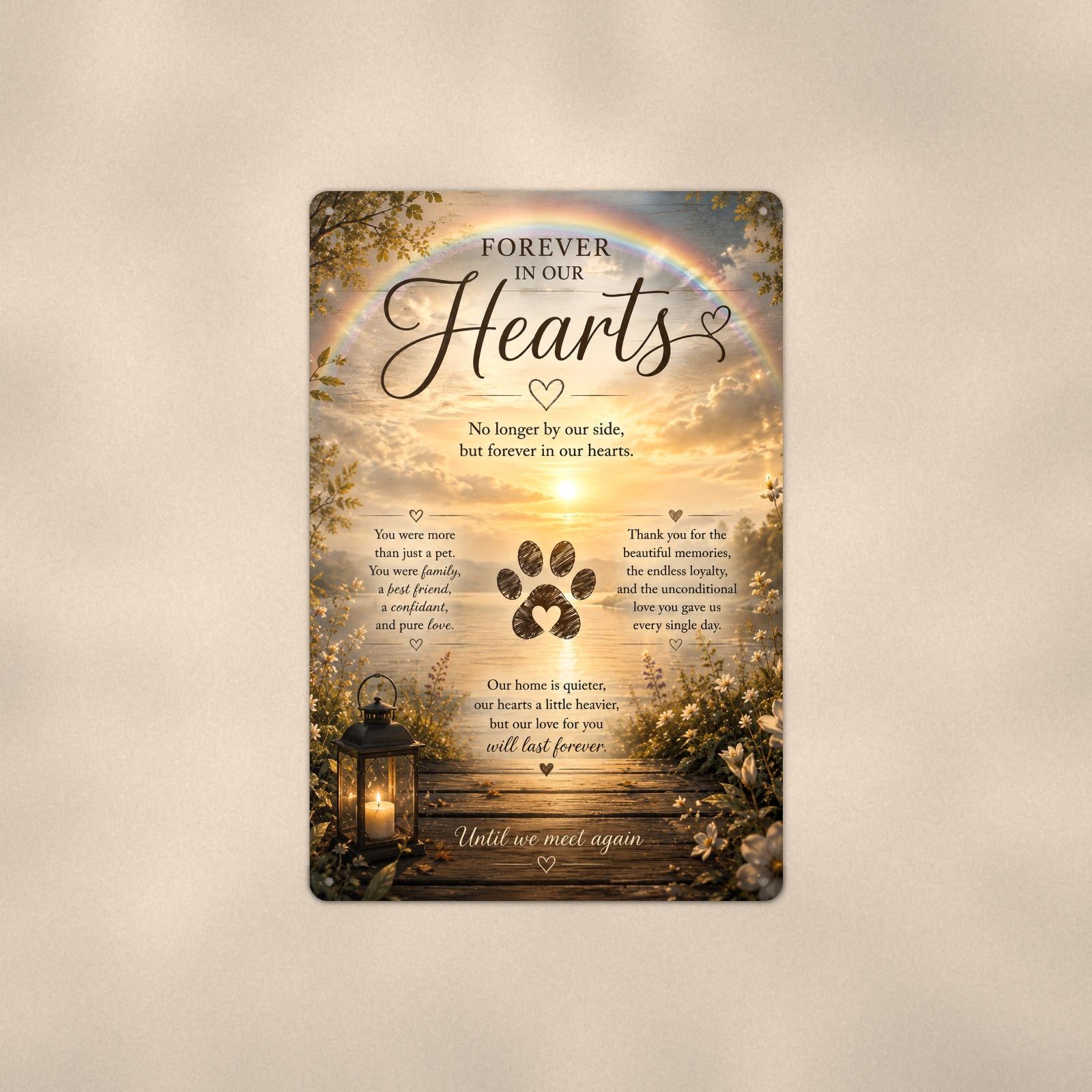 Rainbow over a sunset lake with a paw print memorial art titled "Forever In Our Hearts" on a 8x12 inch sublimated aluminum sign with rounded corners and mounting holes, shown straight on against a second warm wall tone
