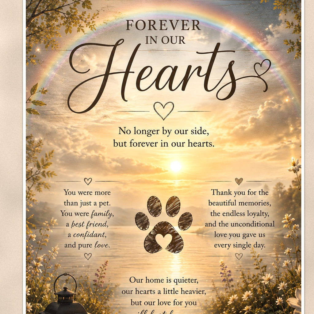 Rainbow over a sunset lake with a paw print memorial art titled "Forever In Our Hearts" on a 24x36 inch luster poster print with a clean white border, close-up detail of the print filling the frame