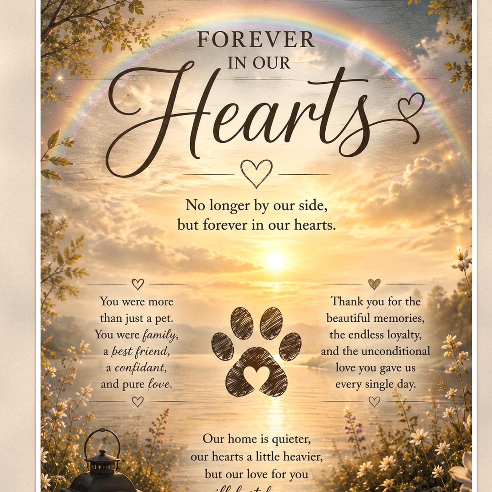 Rainbow over a sunset lake with a paw print memorial art titled "Forever In Our Hearts" on a 24x36 inch luster poster print with a clean white border, close-up detail of the print filling the frame