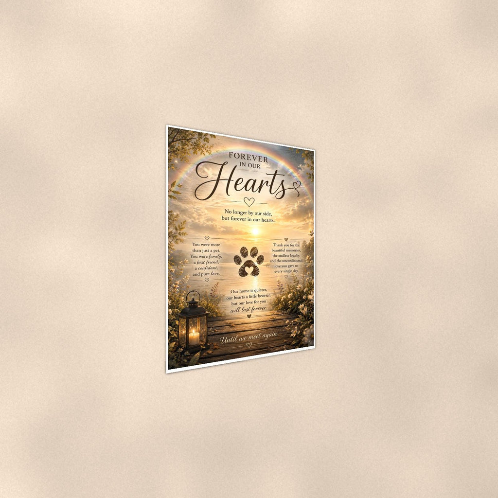 Rainbow over a sunset lake with a paw print memorial art titled "Forever In Our Hearts" on a 24x36 inch luster poster print with a clean white border, shown at a gentle angle from the other side