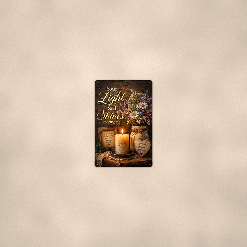 Candlelight remembrance still life memorial art titled "Your Light Still Shines" on a 8x12 inch sublimated aluminum sign with rounded corners and mounting holes, seen from farther back, small on a softly lit wall