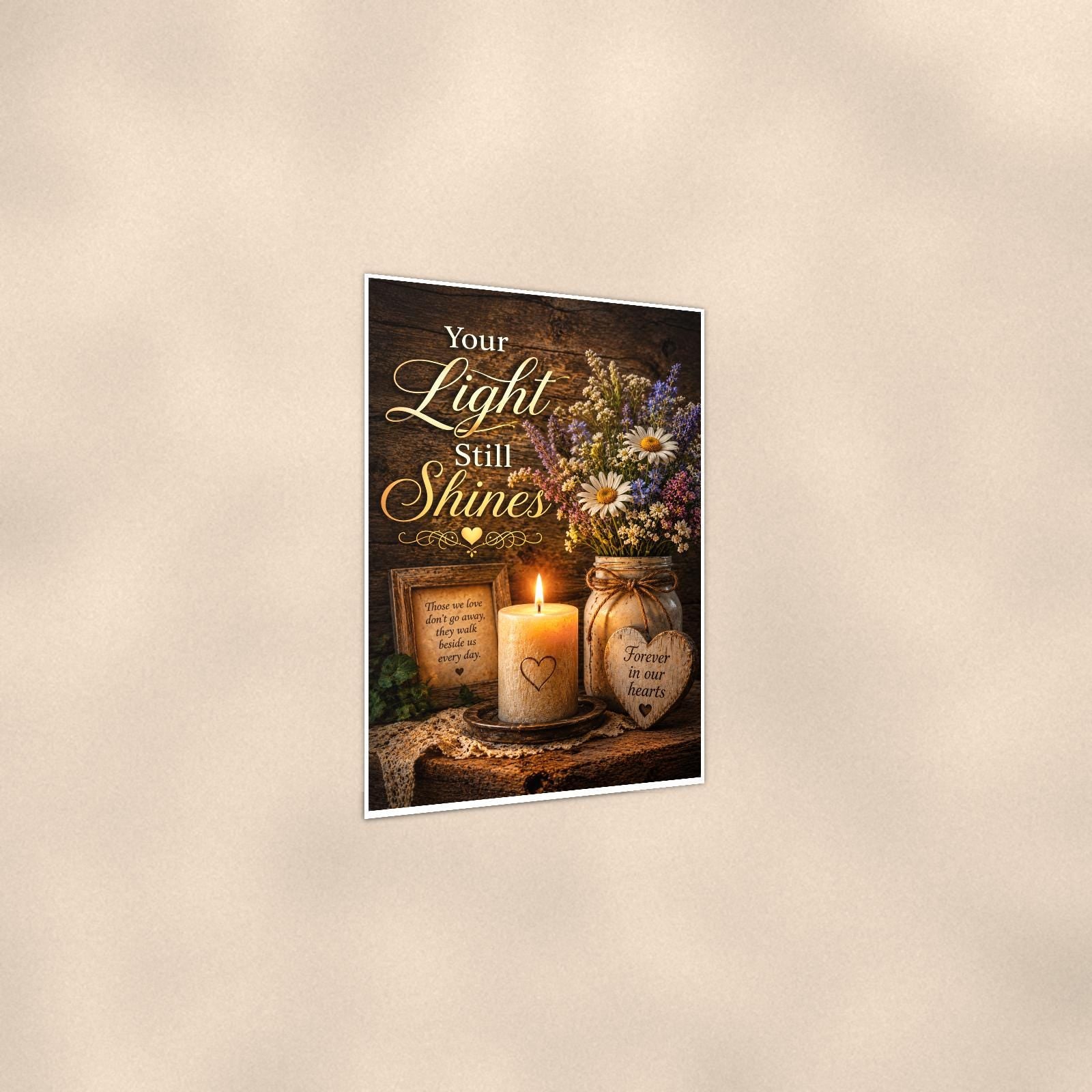 Candlelight remembrance still life memorial art titled "Your Light Still Shines" on a 24x36 inch luster poster print with a clean white border, shown at a three-quarter angle on the wall