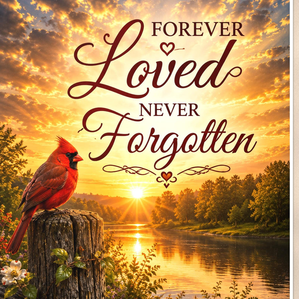 Cardinal at sunrise over the river memorial art titled "Forever Loved Never Forgotten" on a 24x36 inch luster poster print with a clean white border, close-up detail of the print filling the frame