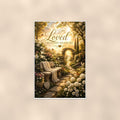 Garden bench by the memorial gate memorial art titled "Loved Beyond Measure" on a 24x36 inch luster poster print with a clean white border, shown straight on against a warm neutral wall
