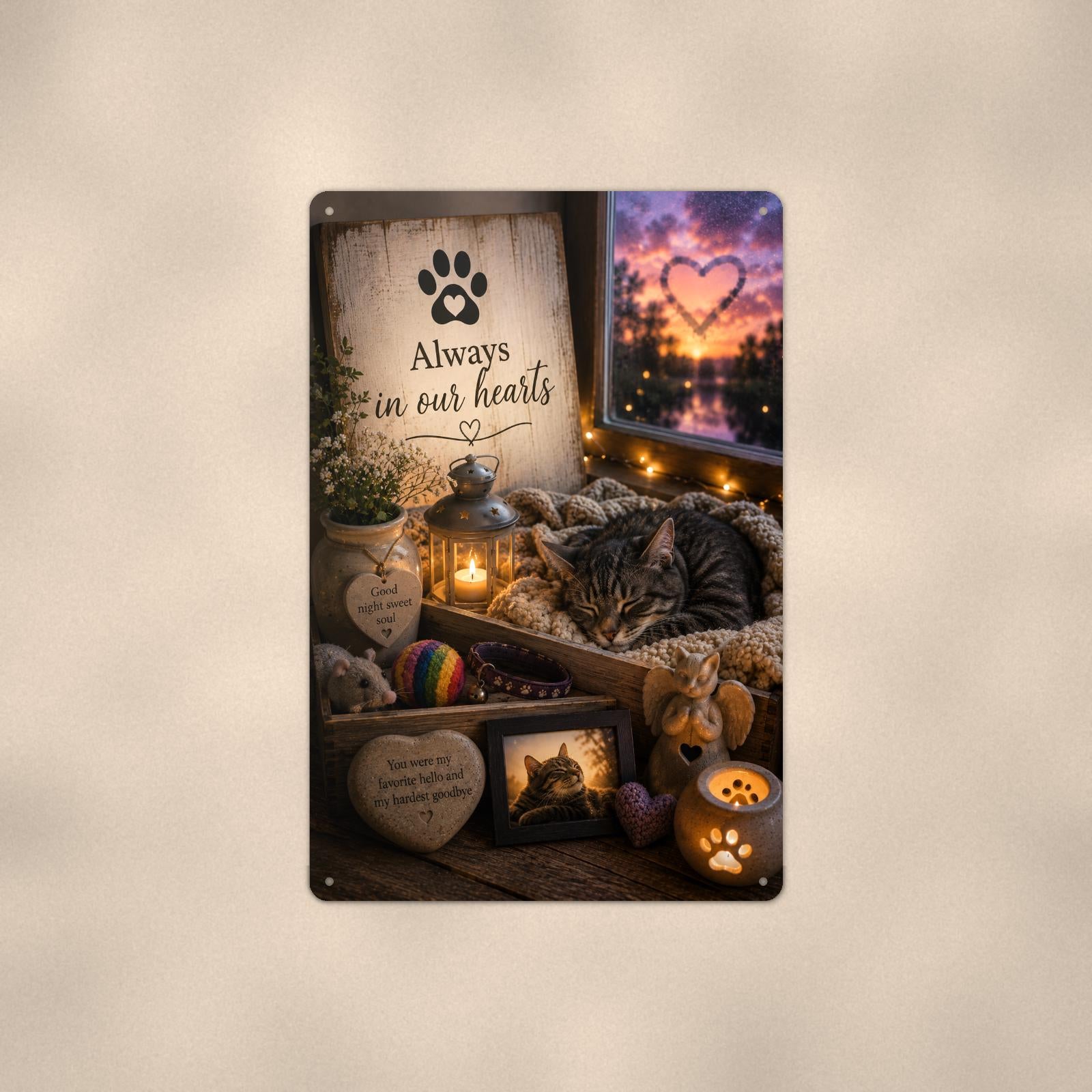 Sleeping cat by the window memorial art titled "Always in our hearts" on a 8x12 inch sublimated aluminum sign with rounded corners and mounting holes, shown straight on against a warm neutral wall