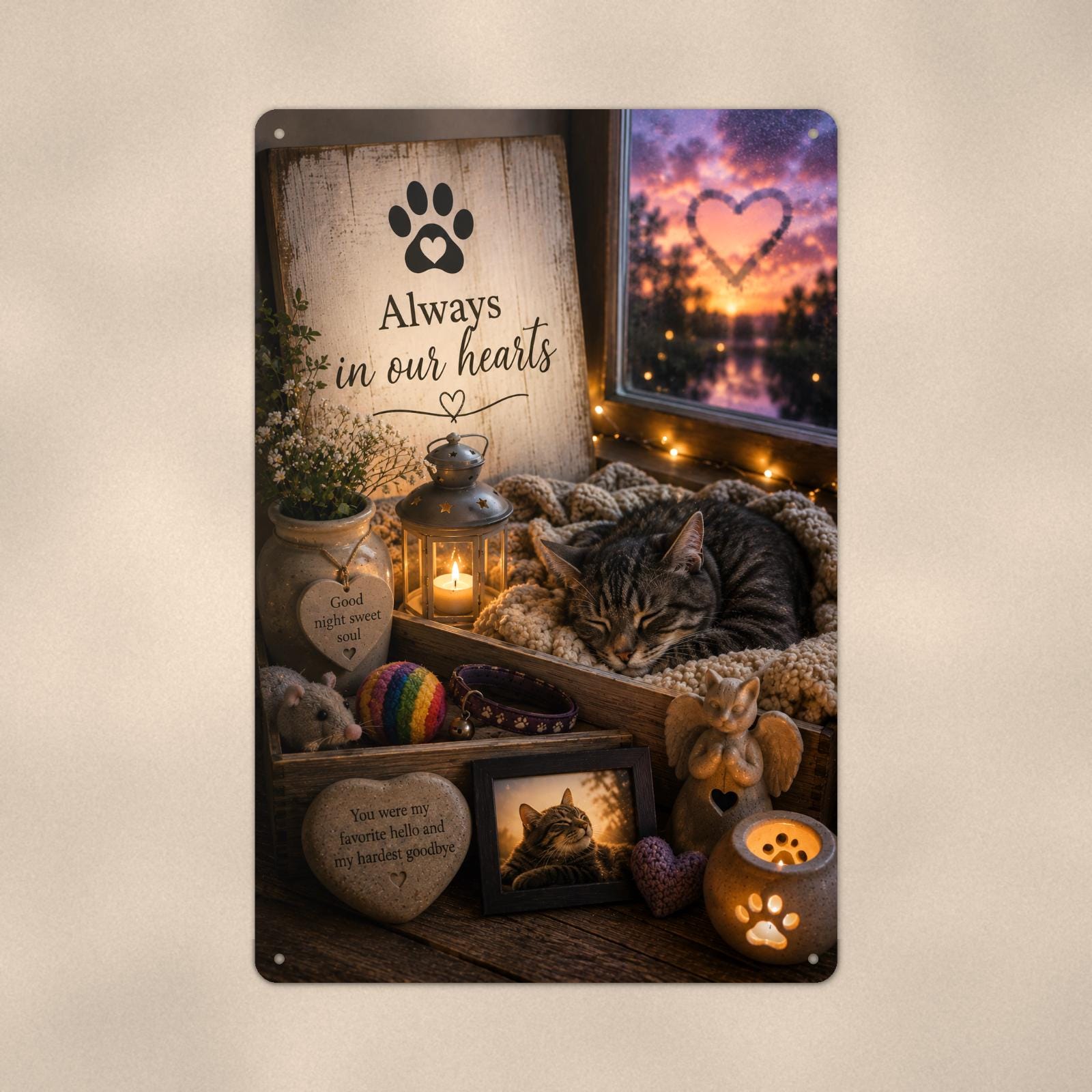 Sleeping cat by the window memorial art titled "Always in our hearts" on a 8x12 inch sublimated aluminum sign with rounded corners and mounting holes, close-up view filling the frame, showing the smooth sublimated print surface