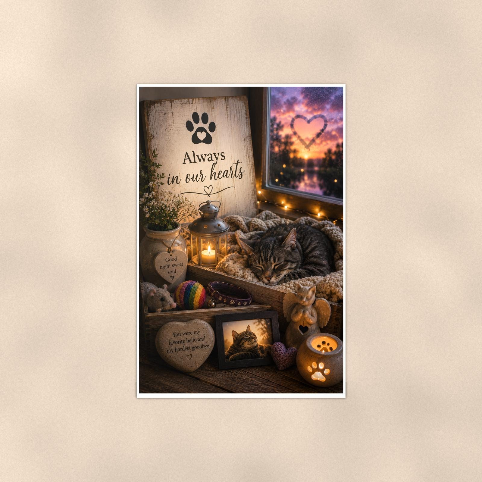 Sleeping cat by the window memorial art titled "Always in our hearts" on a 24x36 inch luster poster print with a clean white border, shown straight on against a warm neutral wall