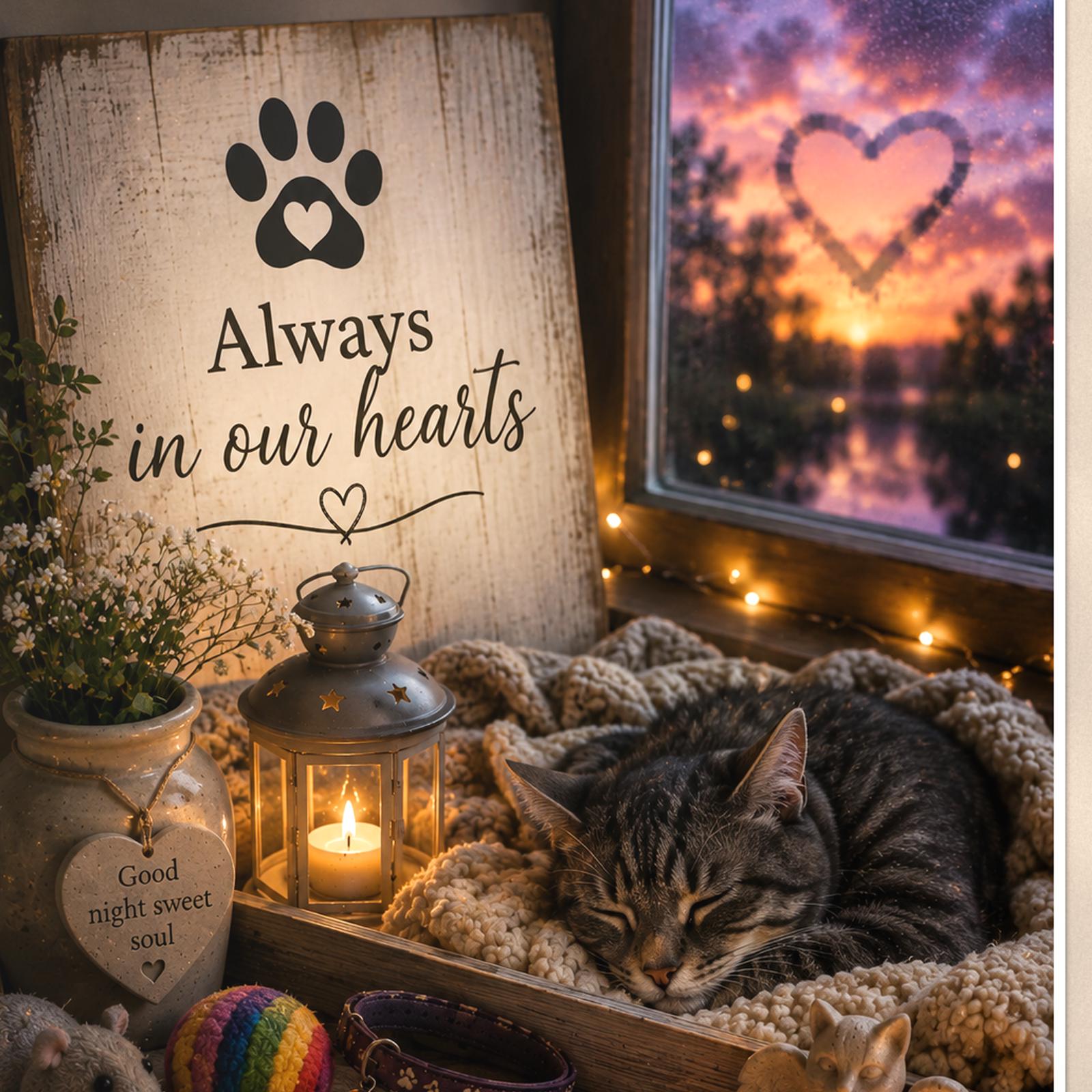 Sleeping cat by the window memorial art titled "Always in our hearts" on a 24x36 inch luster poster print with a clean white border, close-up detail of the print filling the frame