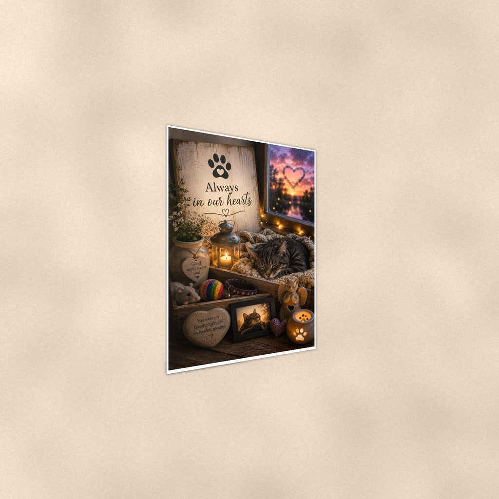 Sleeping cat by the window memorial art titled "Always in our hearts" on a 24x36 inch luster poster print with a clean white border, shown at a gentle angle from the other side