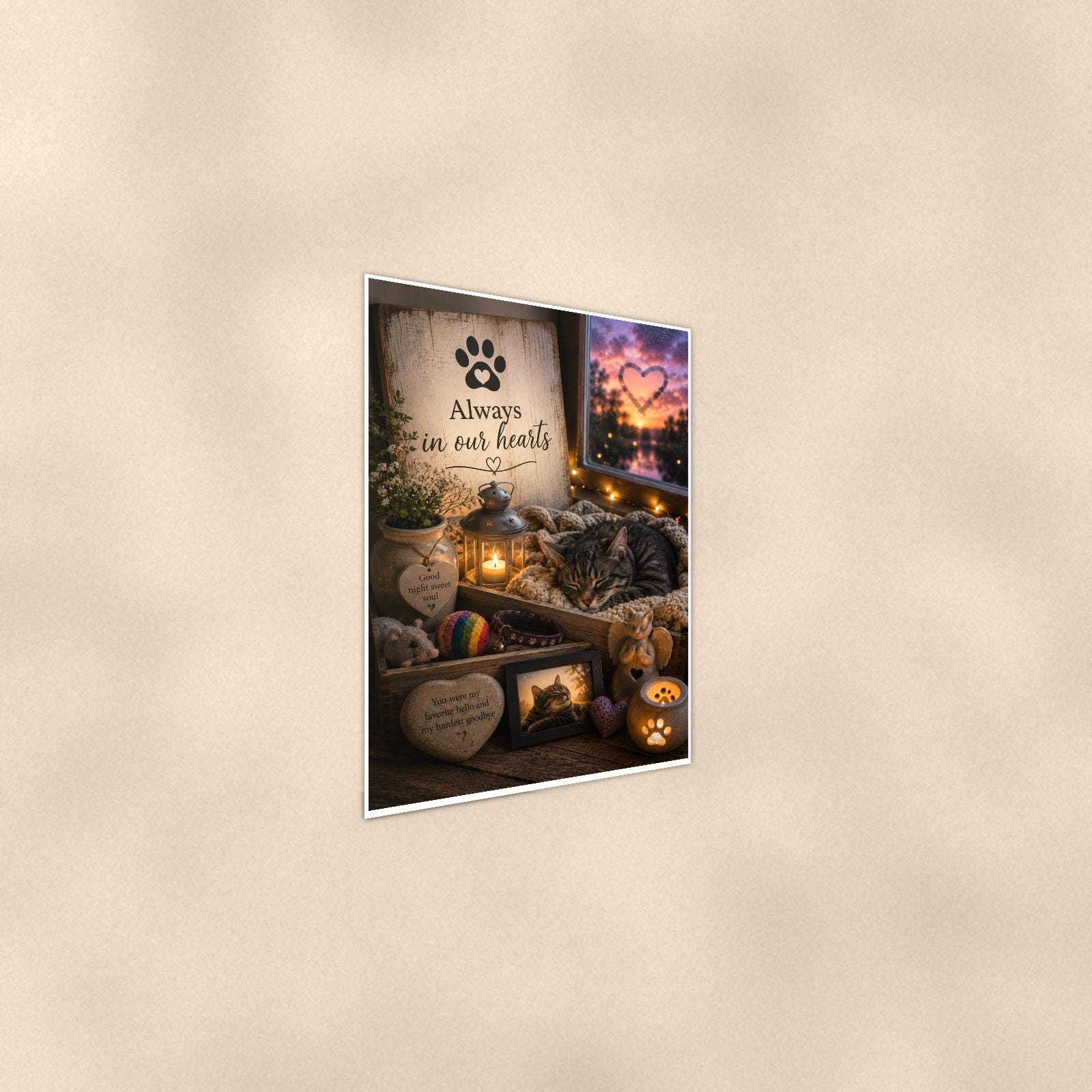 Sleeping cat by the window memorial art titled "Always in our hearts" on a 24x36 inch luster poster print with a clean white border, shown at a gentle angle from the other side