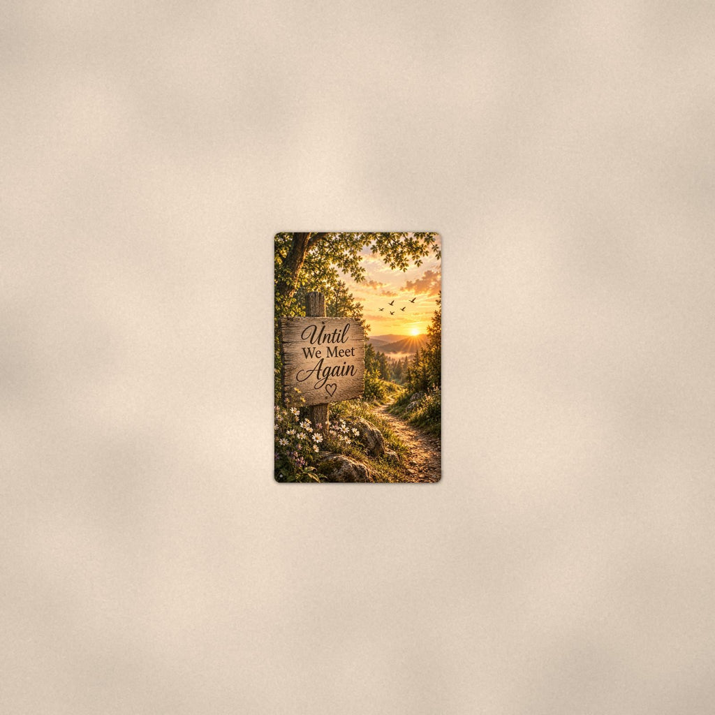 Rustic Until We Meet Again trail sign memorial art titled "Until We Meet Again" on a 8x12 inch sublimated aluminum sign with rounded corners and mounting holes, seen from farther back, small on a softly lit wall