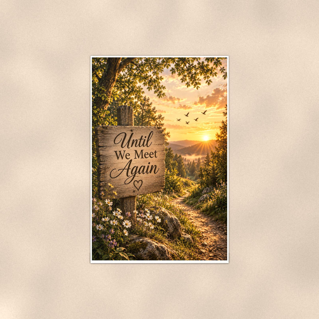 Rustic Until We Meet Again trail sign memorial art titled "Until We Meet Again" on a 24x36 inch luster poster print with a clean white border, shown straight on against a warm neutral wall