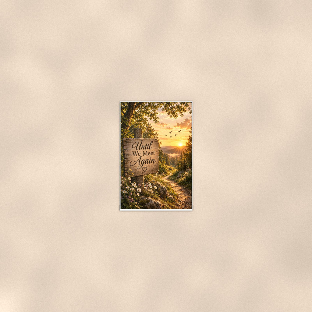 Rustic Until We Meet Again trail sign memorial art titled "Until We Meet Again" on a 24x36 inch luster poster print with a clean white border, seen from farther back, small on a softly lit wall