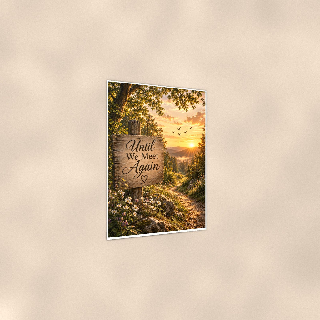 Rustic Until We Meet Again trail sign memorial art titled "Until We Meet Again" on a 24x36 inch luster poster print with a clean white border, shown at a three-quarter angle on the wall