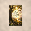Old oak tree over the valley memorial art titled "Love Lives Forever" on a 8x12 inch sublimated aluminum sign with rounded corners and mounting holes, shown straight on against a warm neutral wall