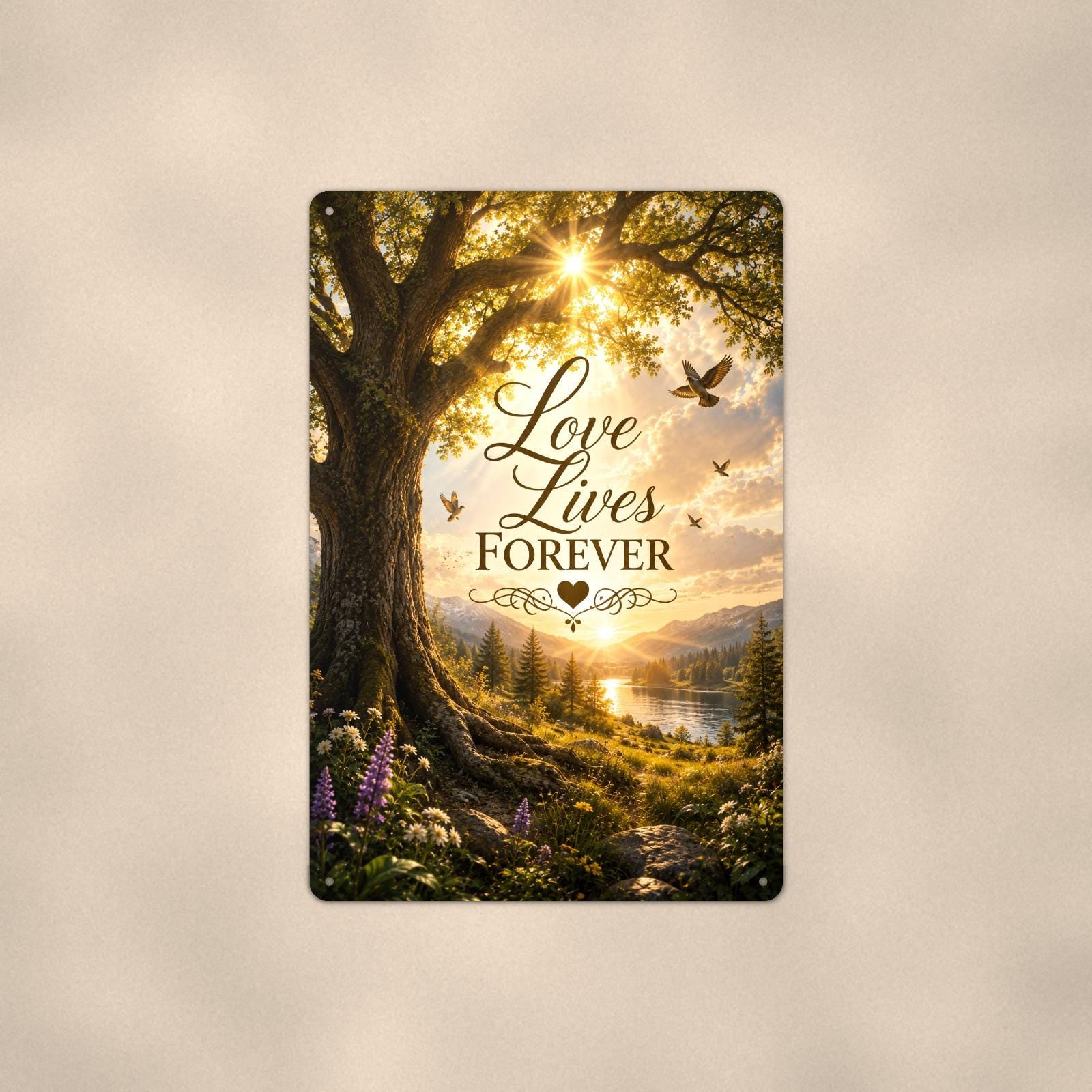 Old oak tree over the valley memorial art titled "Love Lives Forever" on a 8x12 inch sublimated aluminum sign with rounded corners and mounting holes, shown straight on against a warm neutral wall