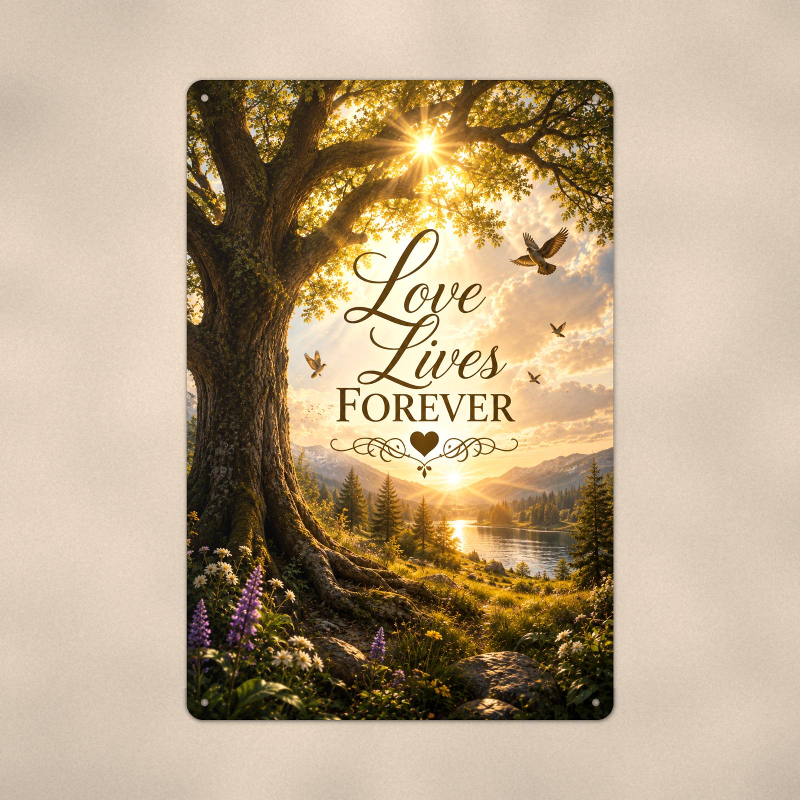 Old oak tree over the valley memorial art titled "Love Lives Forever" on a 8x12 inch sublimated aluminum sign with rounded corners and mounting holes, close-up view filling the frame, showing the smooth sublimated print surface