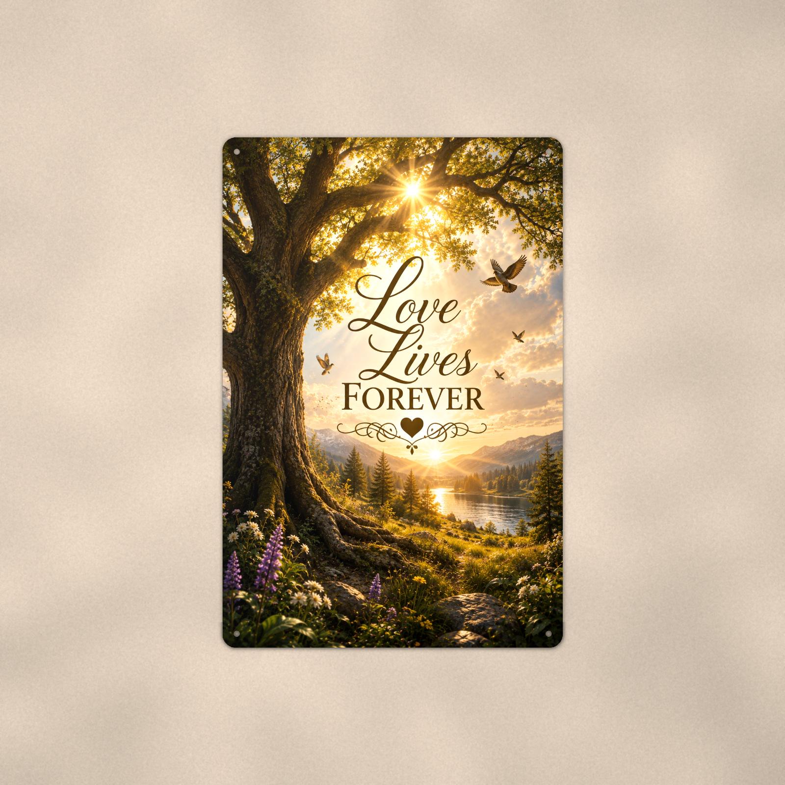 Old oak tree over the valley memorial art titled "Love Lives Forever" on a 8x12 inch sublimated aluminum sign with rounded corners and mounting holes, shown straight on against a second warm wall tone