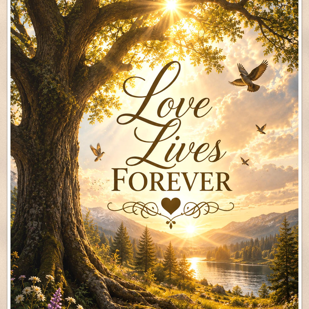 Old oak tree over the valley memorial art titled "Love Lives Forever" on a 24x36 inch luster poster print with a clean white border, close-up detail of the print filling the frame
