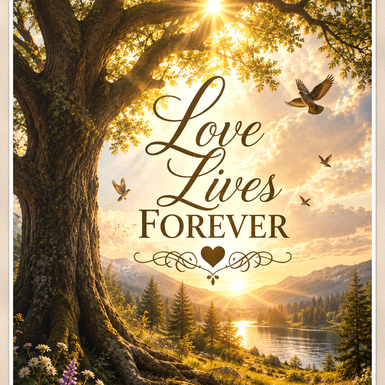 Old oak tree over the valley memorial art titled "Love Lives Forever" on a 24x36 inch luster poster print with a clean white border, close-up detail of the print filling the frame