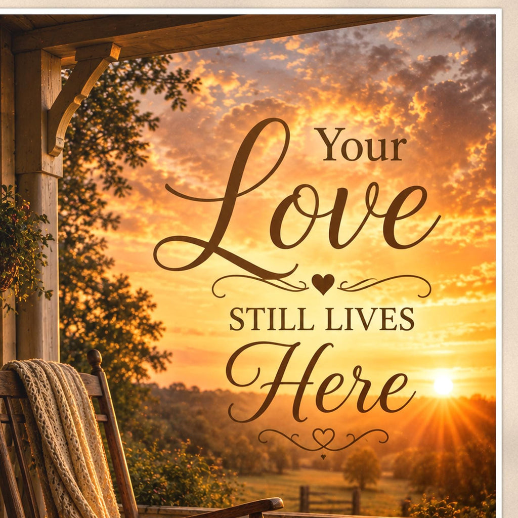 Rocking chair on the porch at sunset memorial art titled "Your Love Still Lives Here" on a 24x36 inch luster poster print with a clean white border, close-up detail of the print filling the frame