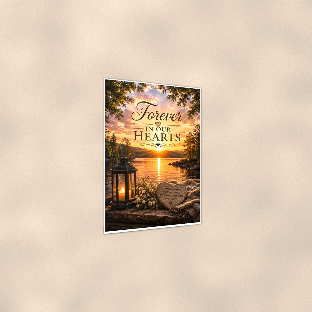 Lakeside lantern and heart stone memorial art titled "Forever In Our Hearts" on a 24x36 inch luster poster print with a clean white border, shown at a three-quarter angle on the wall