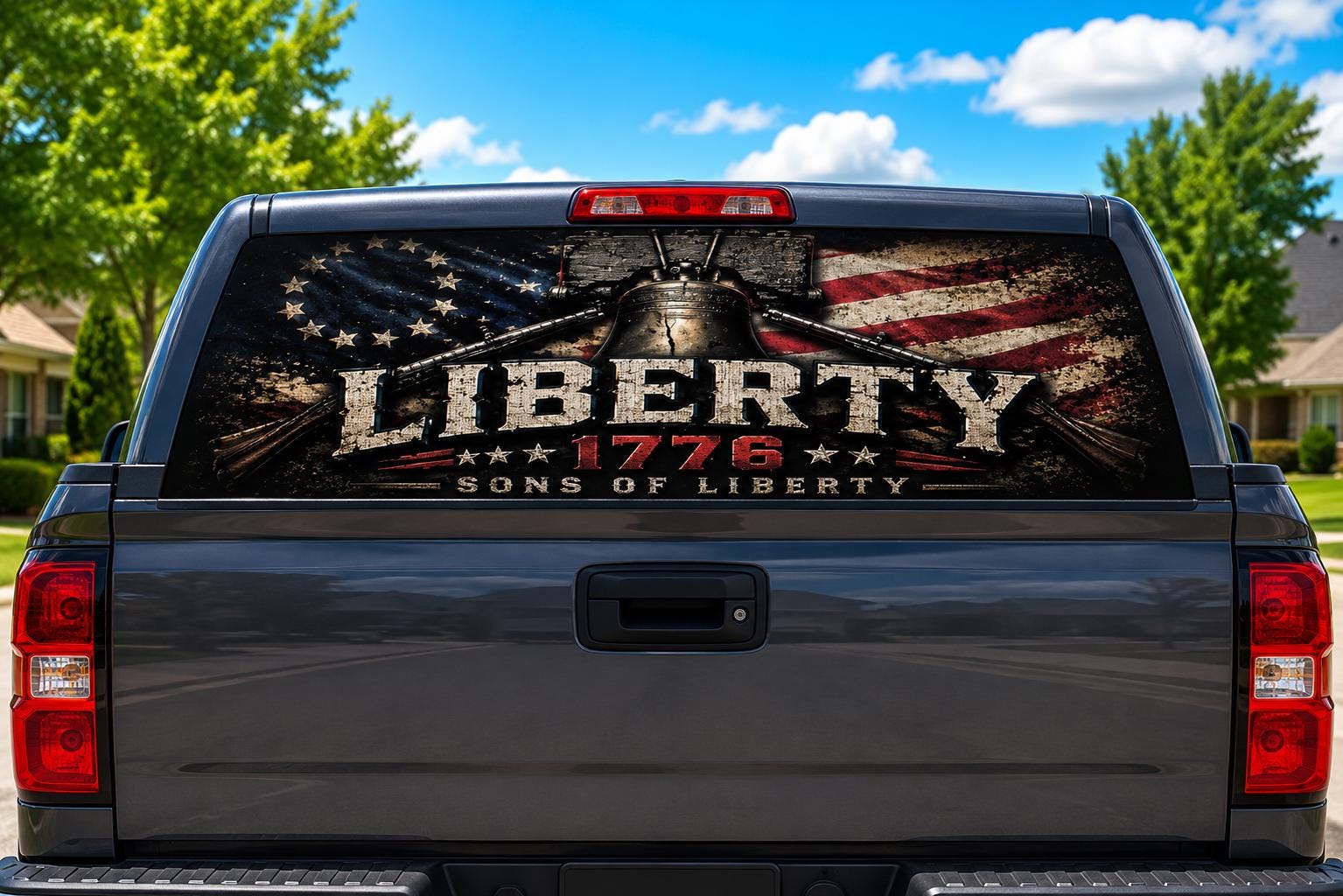 Liberty 1776 Sons of Liberty perforated rear-window decal installed on a pickup truck back glass, showing the Liberty Bell over crossed muskets and a distressed Betsy Ross flag