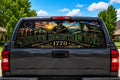 Green Mountain Boys 1770 perforated rear-window decal installed on a pickup truck back glass, showing a colonial militiaman, marching minutemen and the pine flag under a mountain sunrise