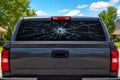 Shattered Glass perforated rear-window decal installed on a pickup truck back glass, showing a realistic broken-glass crack pattern radiating from a central impact point