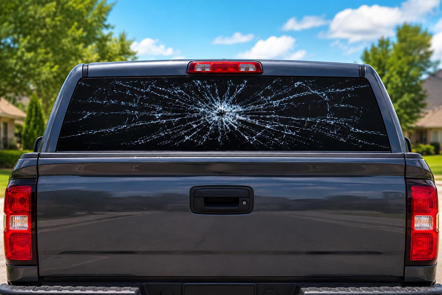 Shattered Glass perforated rear-window decal installed on a pickup truck back glass, showing a realistic broken-glass crack pattern radiating from a central impact point