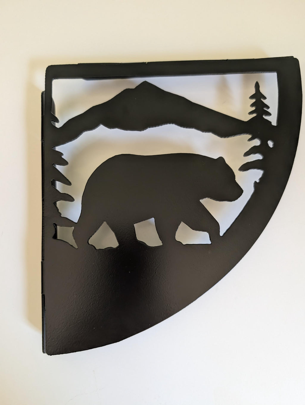 Single mountain bear shelf bracket standing upright, satin black powder coat finish