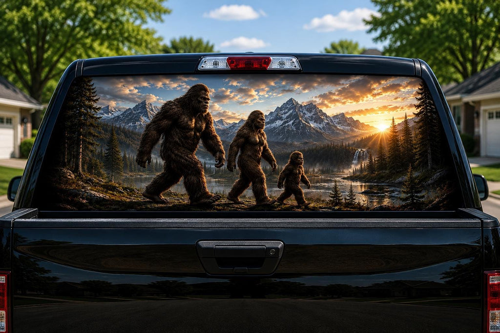Bigfoot Family Walk perforated rear-window decal installed on a pickup truck back glass, showing three sasquatch walking through a mountain valley at sunset with a waterfall and lake