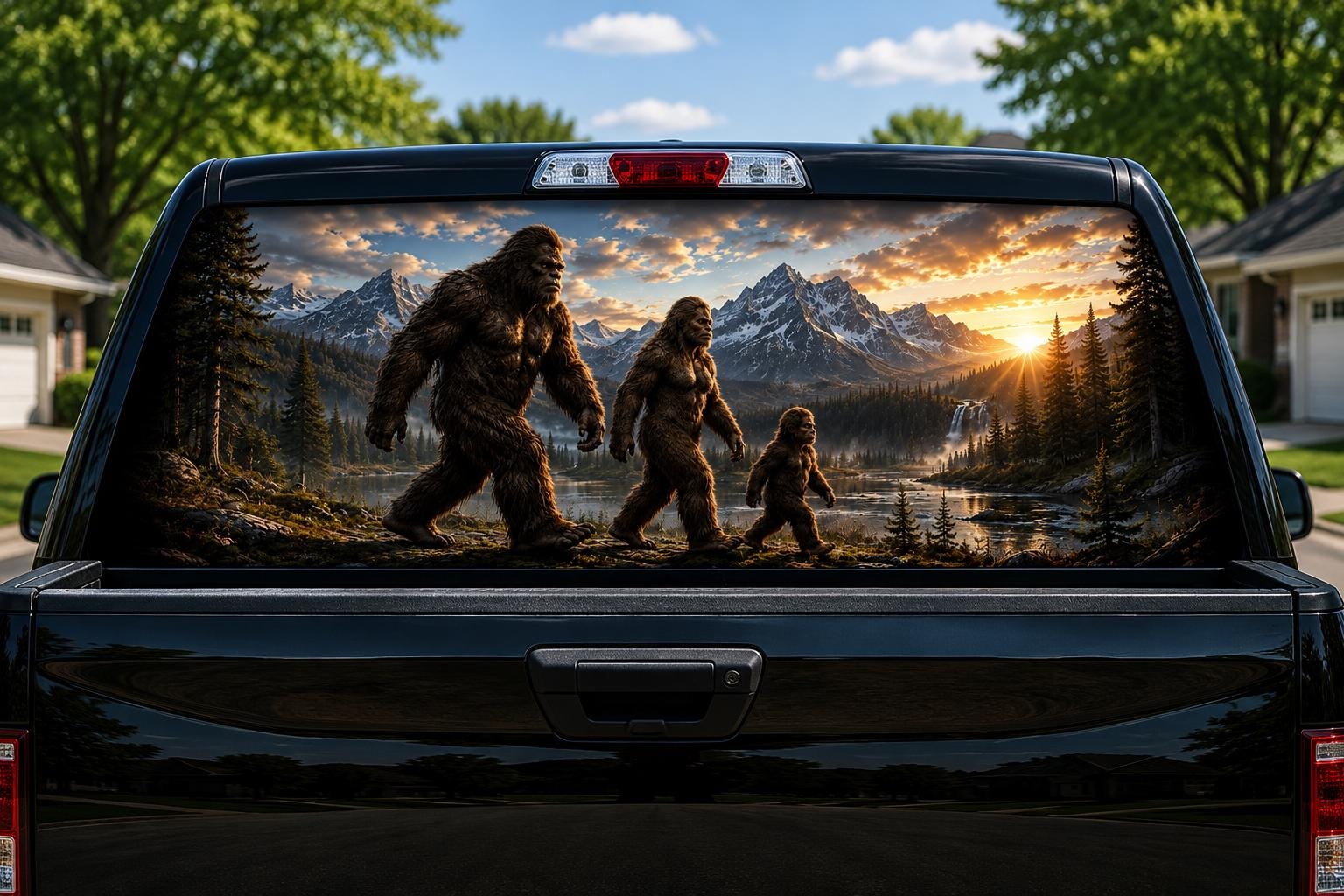 Bigfoot Family Walk perforated rear-window decal installed on a pickup truck back glass, showing three sasquatch walking through a mountain valley at sunset with a waterfall and lake