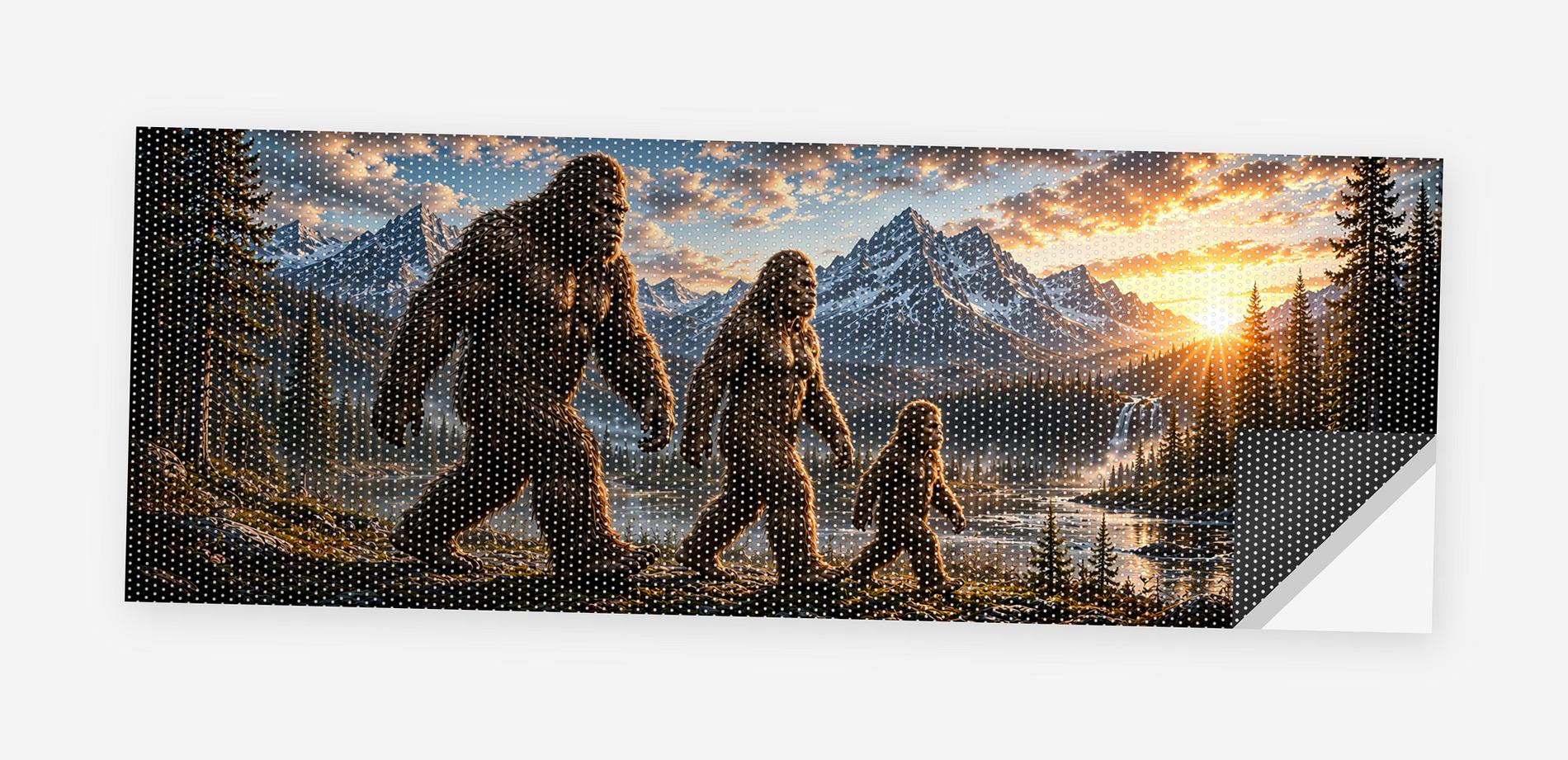 Full flat view of the Bigfoot Family Walk perforated truck window decal on a white background, one corner curled to show the black perf-vinyl backing and the micro-hole pattern