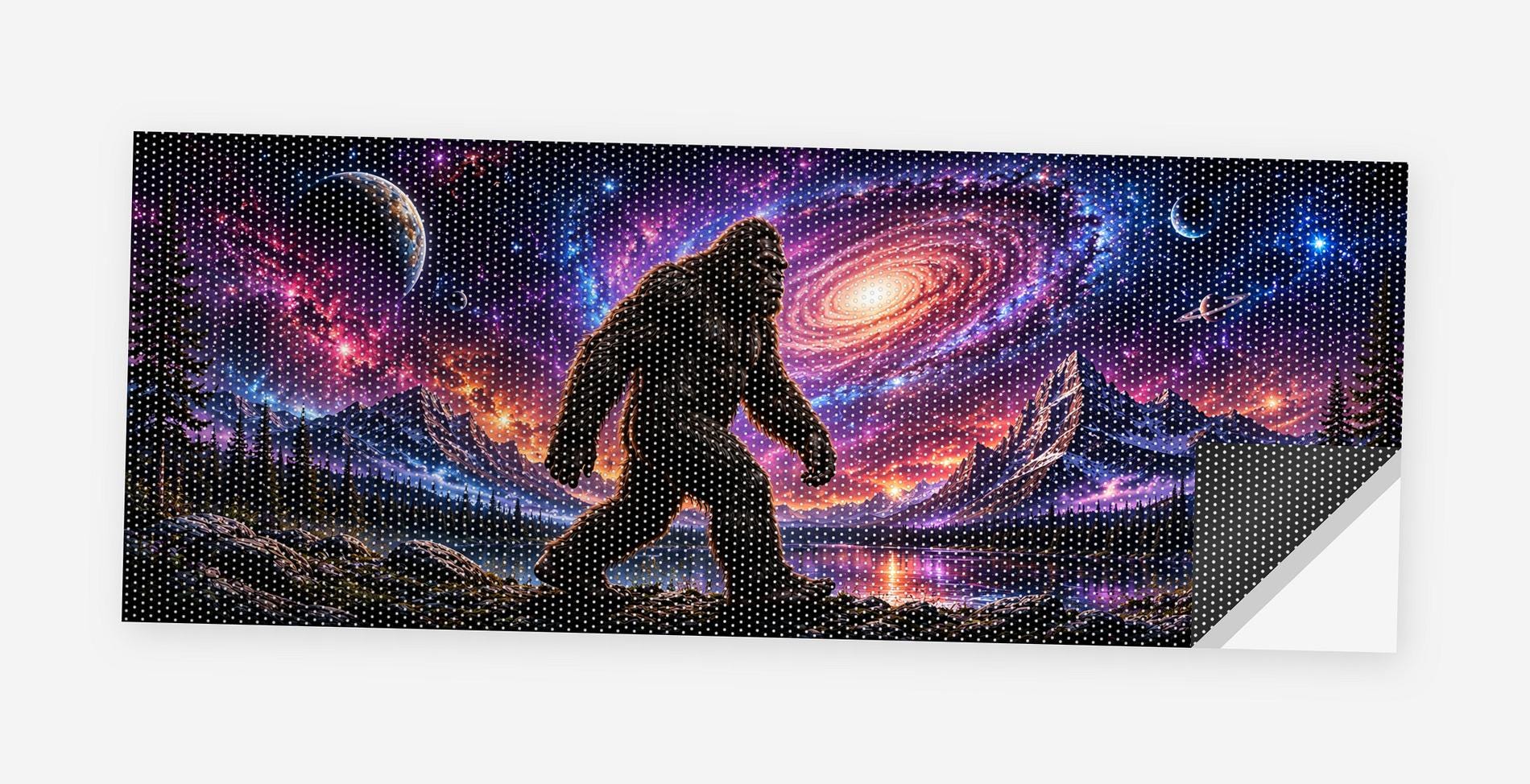Full flat view of the Bigfoot Galaxy Walker perforated truck window decal on a white background, one corner curled to show the black perf-vinyl backing and the micro-hole pattern