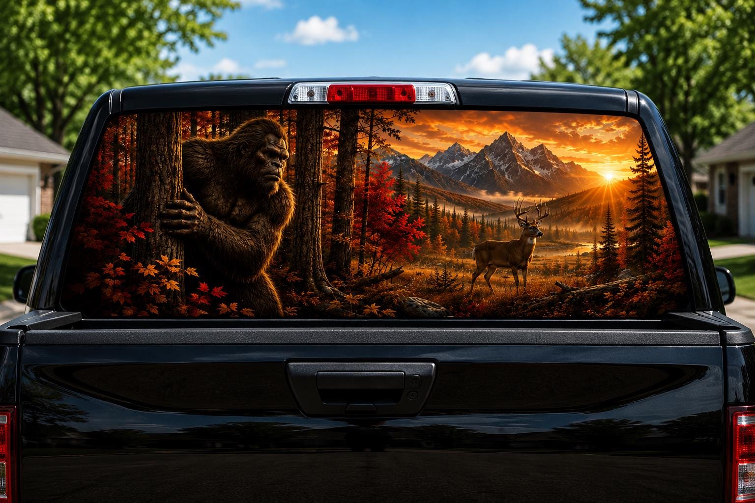 Bigfoot Tree Peeker Autumn perforated rear-window decal installed on a pickup truck back glass, showing a sasquatch peeking from behind a tree in a fall forest with a whitetail buck at sunset