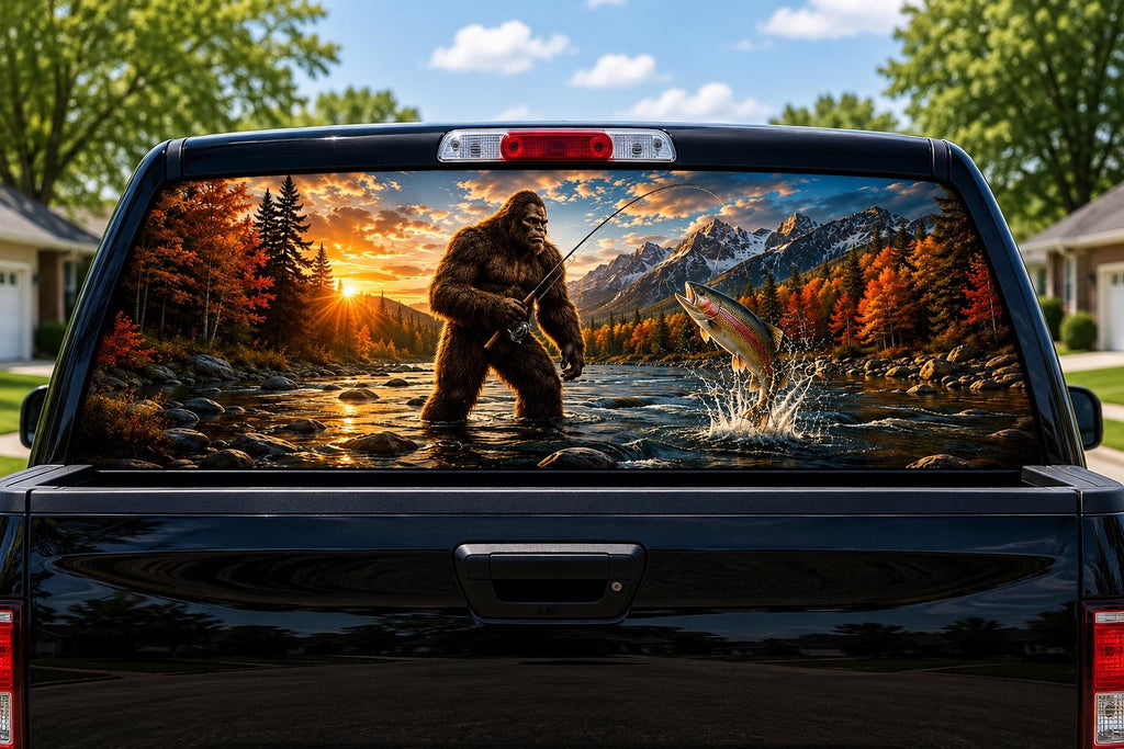Bigfoot Gone Fishing perforated rear-window decal installed on a pickup truck back glass, showing a sasquatch fishing in a mountain river at sunset with a rainbow trout jumping
