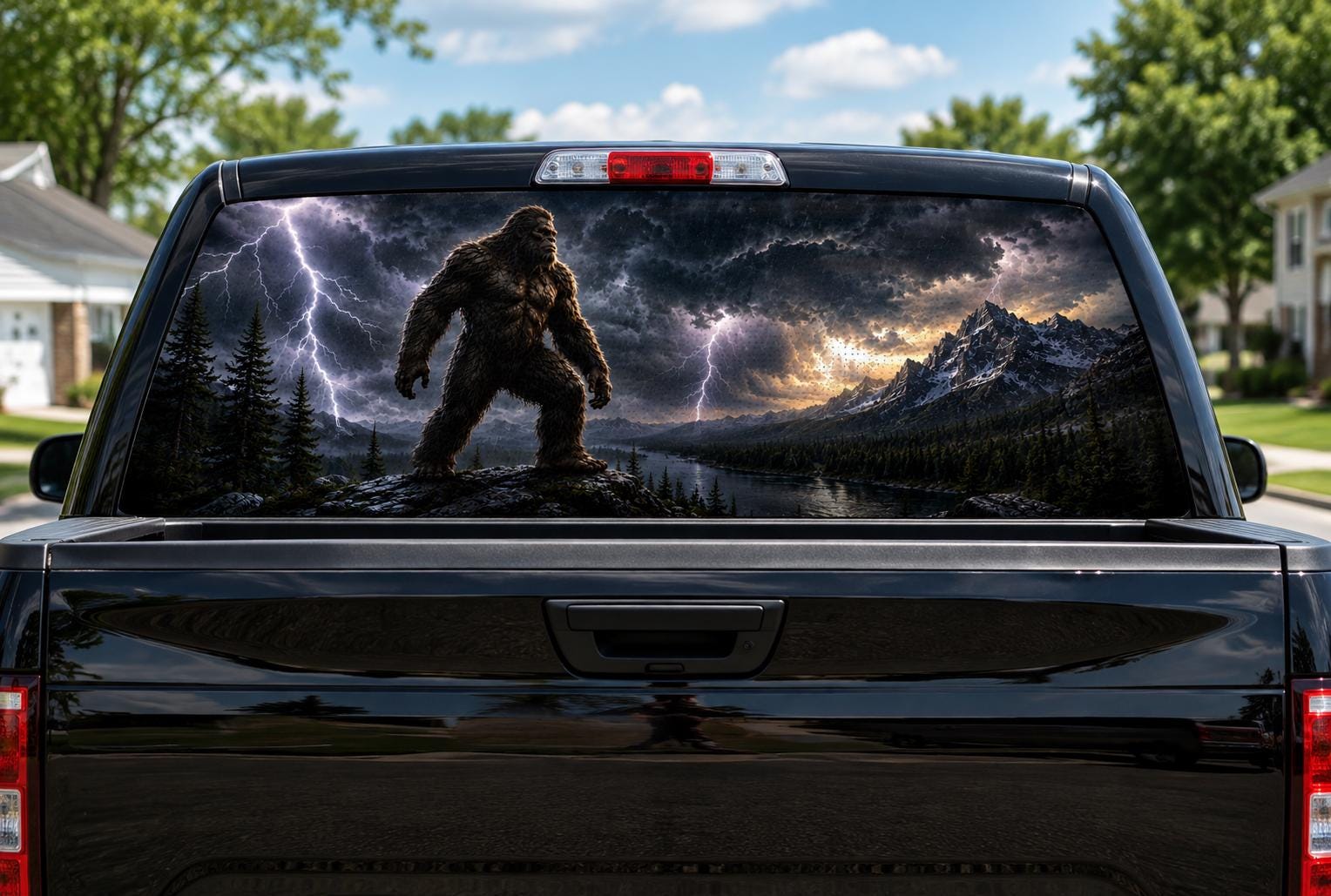 Bigfoot Storm Walker perforated rear-window decal installed on a pickup truck back glass, showing a sasquatch on a rocky ridge under lightning bolts and dark storm clouds