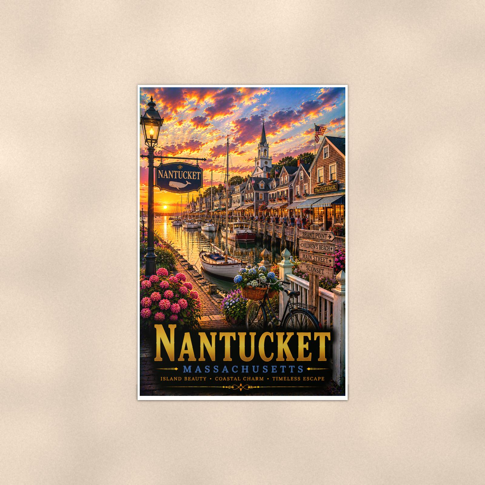 Nantucket — 24x36 in art print poster, premium luster paper with a white border; poster shown straight on against a warm wall.