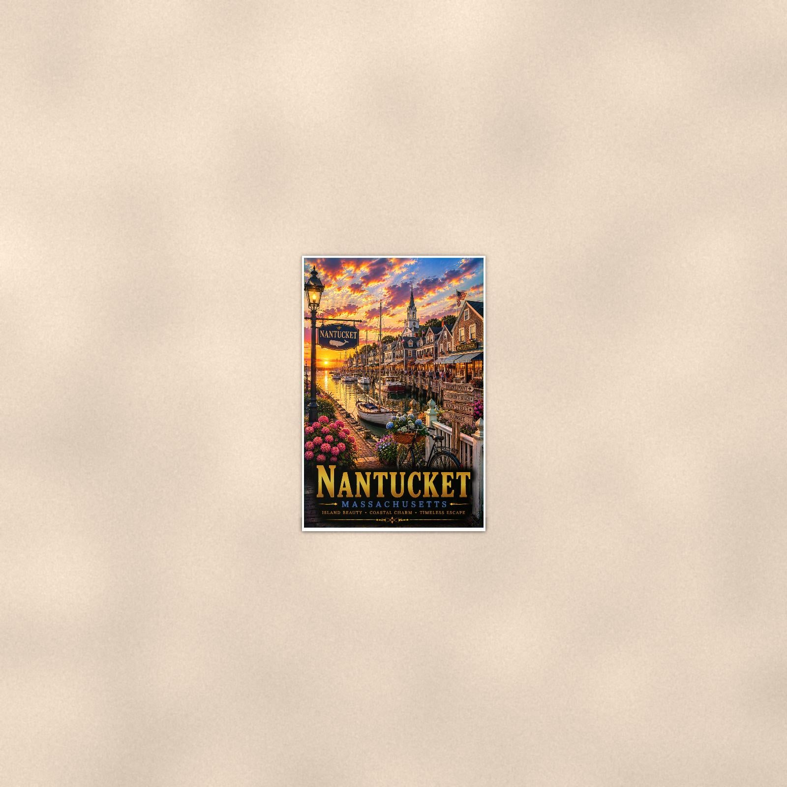 Nantucket — 24x36 in art print poster, premium luster paper with a white border; poster seen from further back, at true 24x36 in scale on a warm wall.