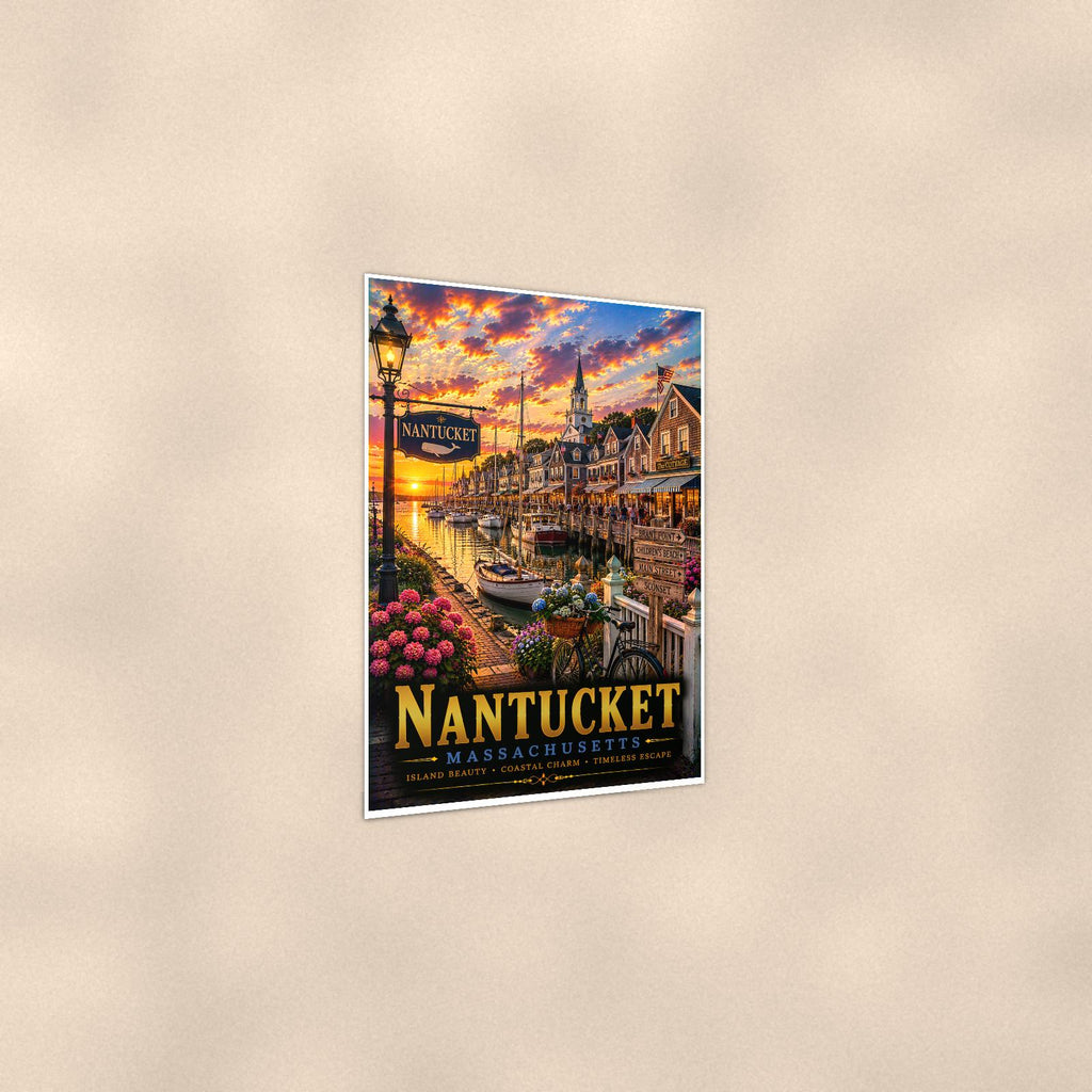 Nantucket — 24x36 in art print poster, premium luster paper with a white border; gentle three-quarter angle on a warm wall, showing the flat paper edge.