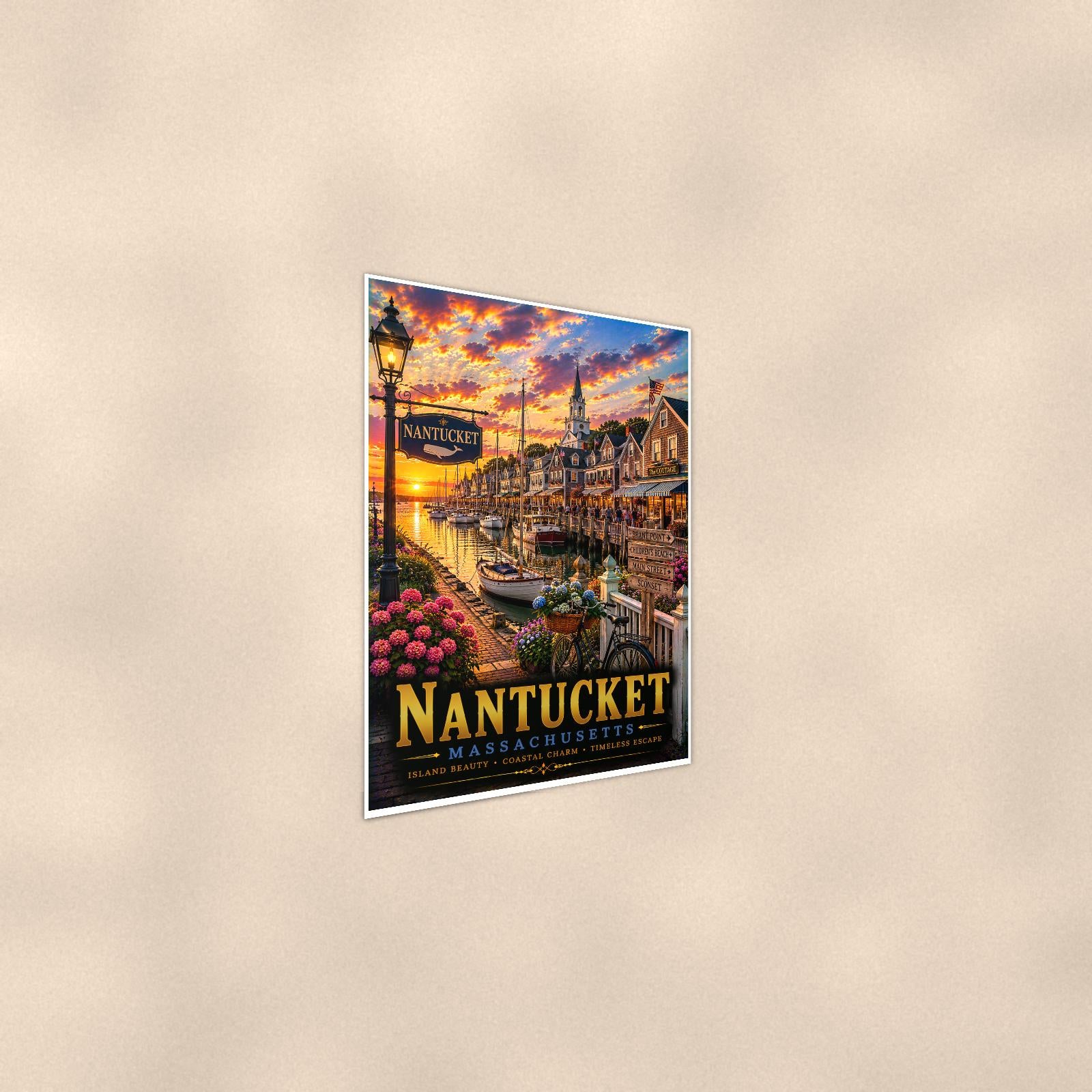 Nantucket — 24x36 in art print poster, premium luster paper with a white border; steeper three-quarter angle on a warm wall, catching the luster sheen.