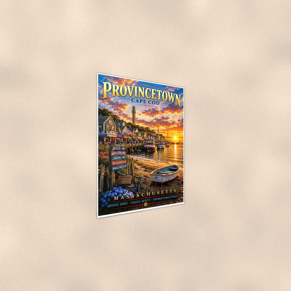 Provincetown — 24x36 in art print poster, premium luster paper with a white border; steeper three-quarter angle on a warm wall, catching the luster sheen.
