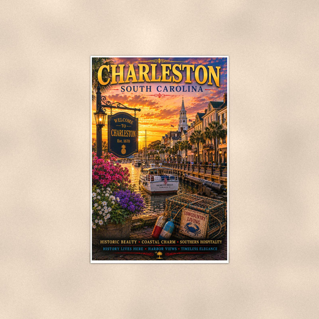Charleston — 24x36 in art print poster, premium luster paper with a white border; poster shown straight on against a warm wall.