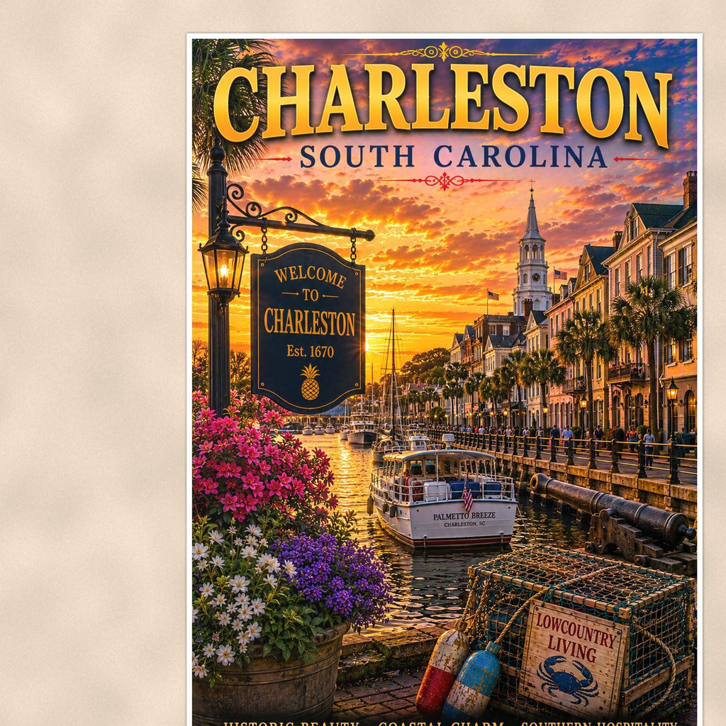 Charleston — 24x36 in art print poster, premium luster paper with a white border; close-up framed on the main subject of the artwork, paper surface visible.