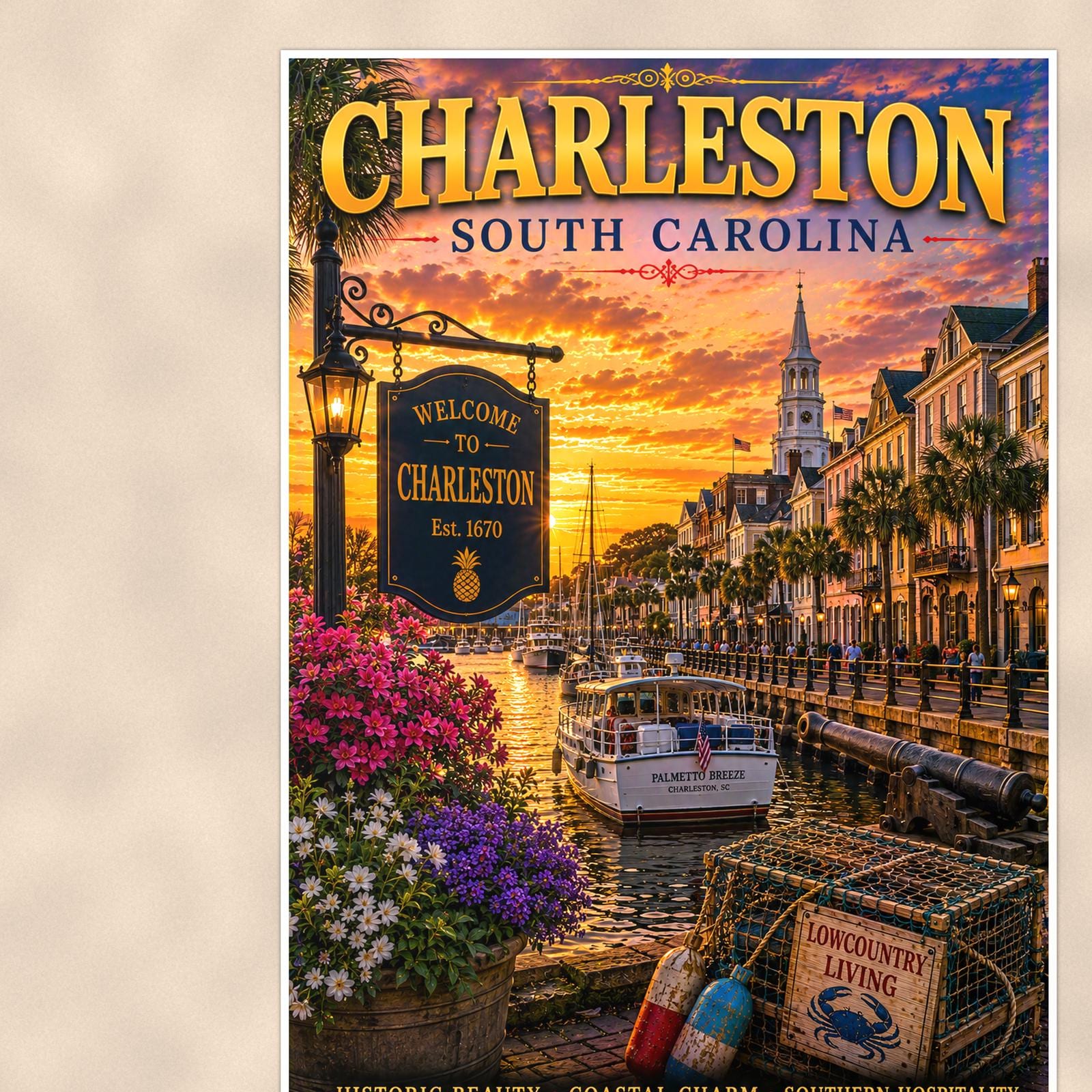 Charleston — 24x36 in art print poster, premium luster paper with a white border; close-up framed on the main subject of the artwork, paper surface visible.