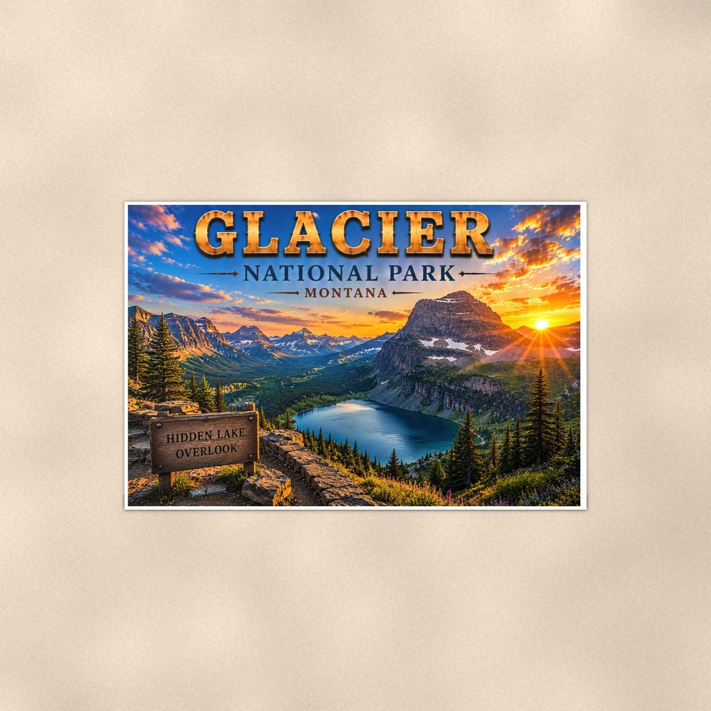 Glacier National Park - Hidden Lake Overlook — 36x24 in art print poster, premium luster paper with a white border; poster shown straight on against a warm wall.