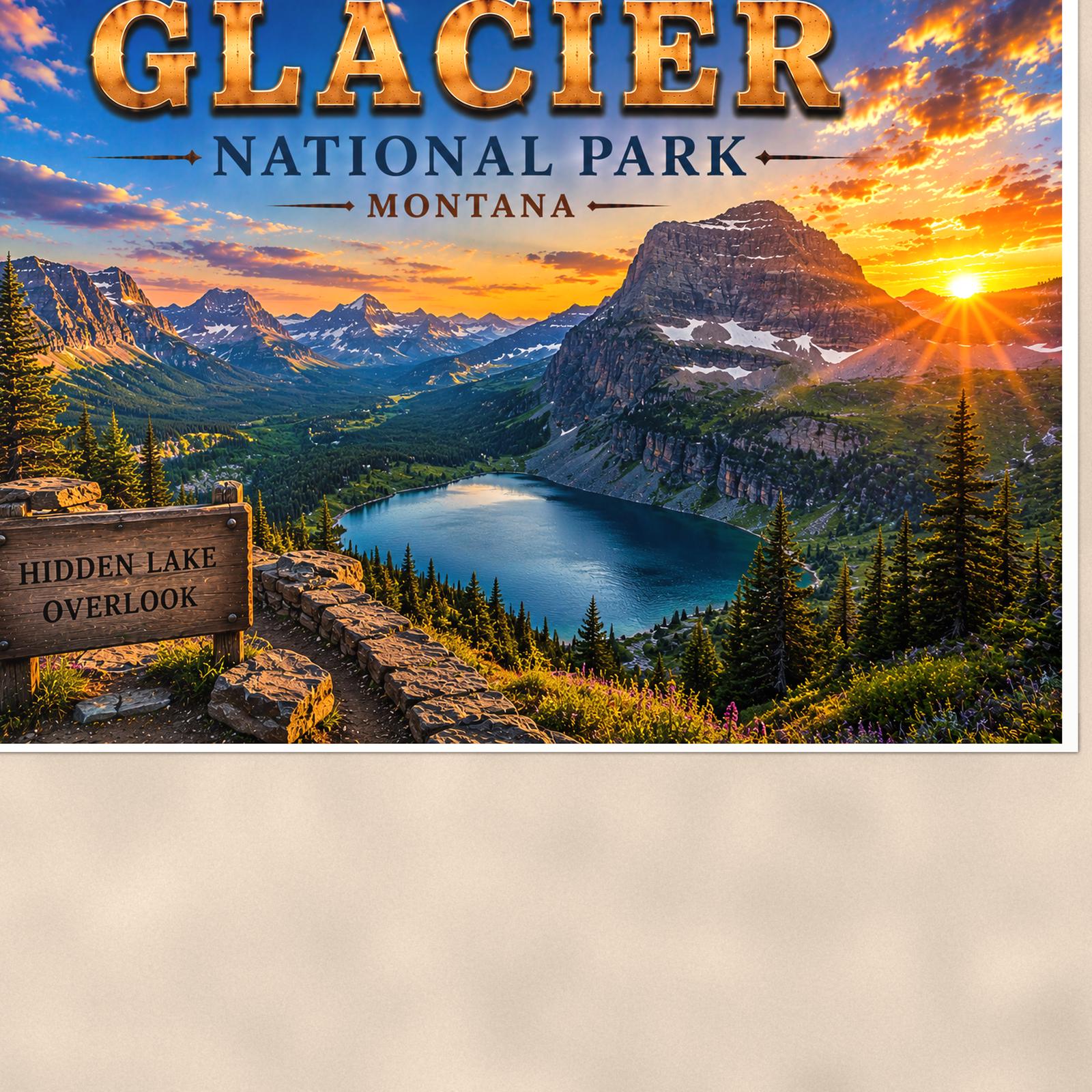 Glacier National Park - Hidden Lake Overlook — 36x24 in art print poster, premium luster paper with a white border; close-up framed on the main subject of the artwork, paper surface visible.