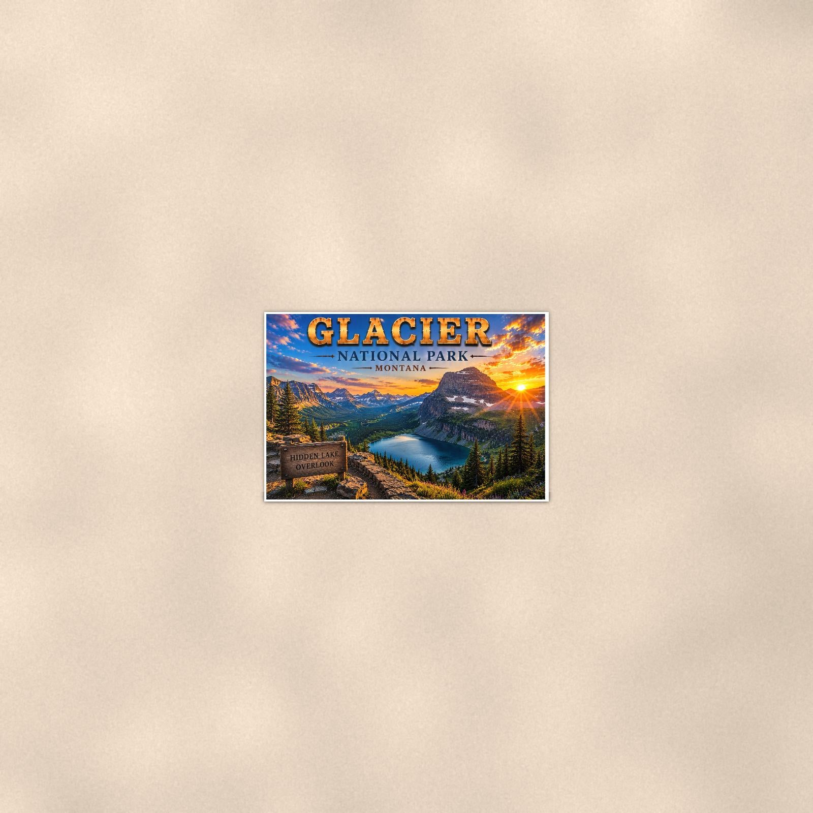 Glacier National Park - Hidden Lake Overlook — 36x24 in art print poster, premium luster paper with a white border; poster seen from further back, at true 36x24 in scale on a warm wall.