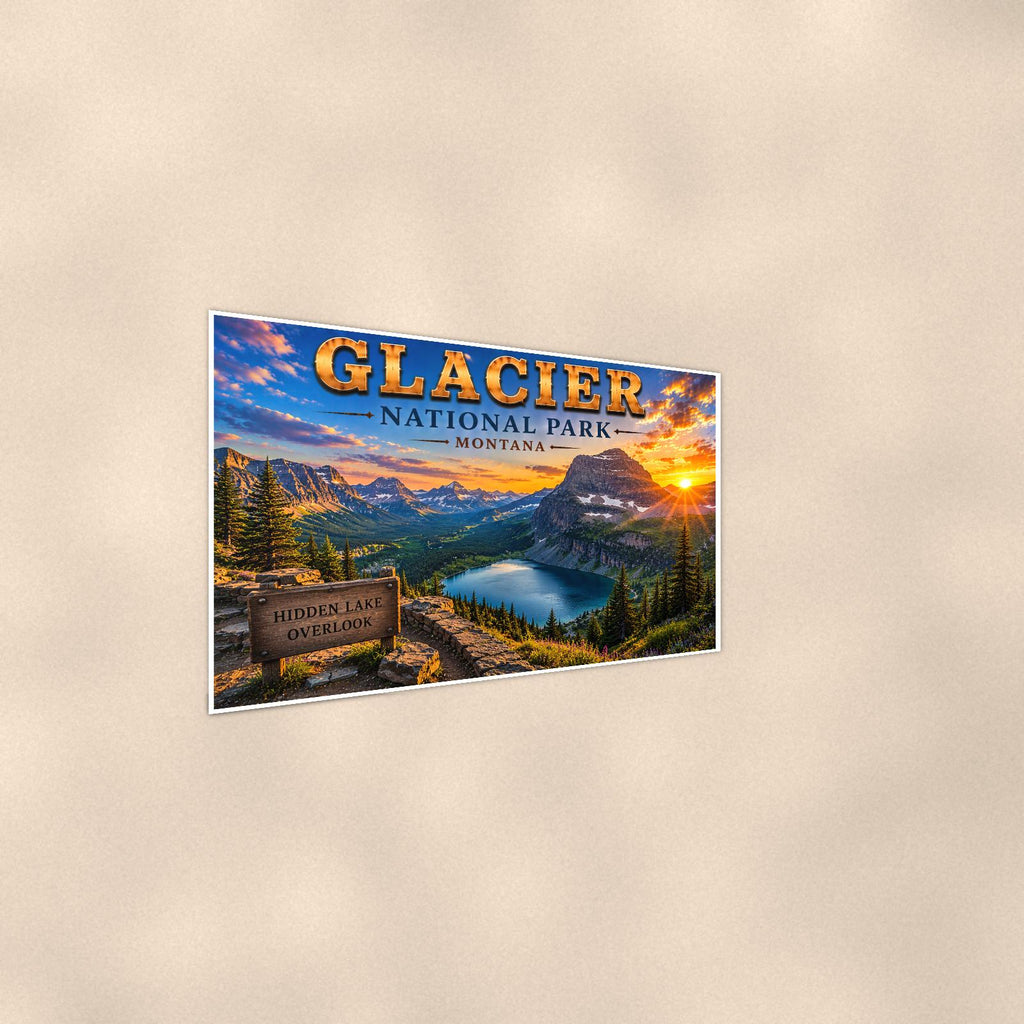 Glacier National Park - Hidden Lake Overlook — 36x24 in art print poster, premium luster paper with a white border; steeper three-quarter angle on a warm wall, catching the luster sheen.